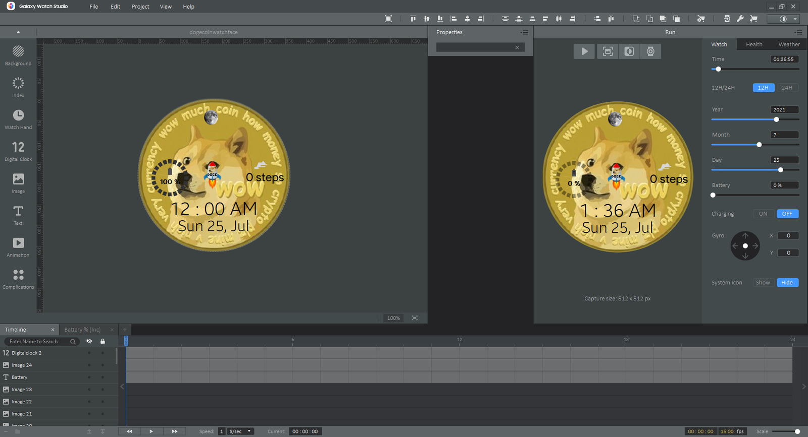 A legacy Galaxy Watch Studio project with editable layers and a Run preview